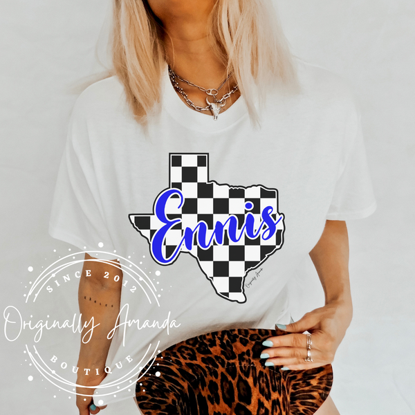 Checkered Ennis, TX tee - Blue